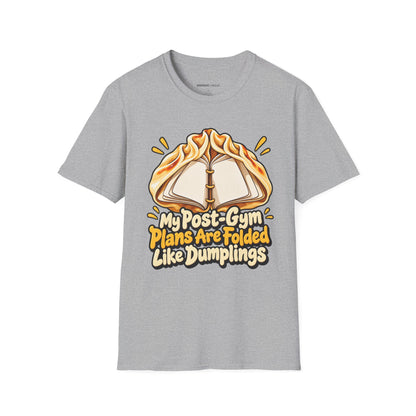 Graphic fitness T-shirt featuring the "My Post-Gym Plans Are Folded Like Dumplings" design.