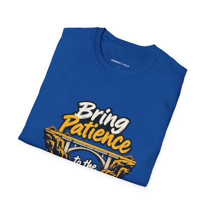 Graphic fitness T-shirt featuring the "Bring Patience to the Plateau" design.