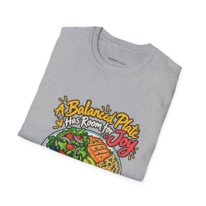 Graphic fitness T-shirt featuring the "A Balanced Plate Has Room for Joy" design.