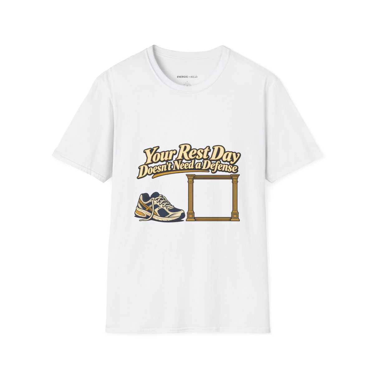 Graphic fitness T-shirt featuring the "Your Rest Day Doesn't Need a Defense" design.