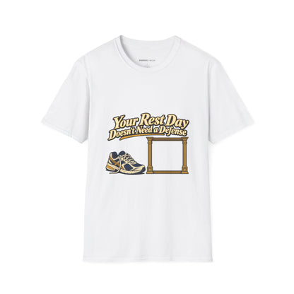 Graphic fitness T-shirt featuring the "Your Rest Day Doesn't Need a Defense" design.