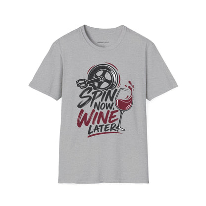 Graphic fitness T-shirt featuring the "Spin Now, Wine Later" design.