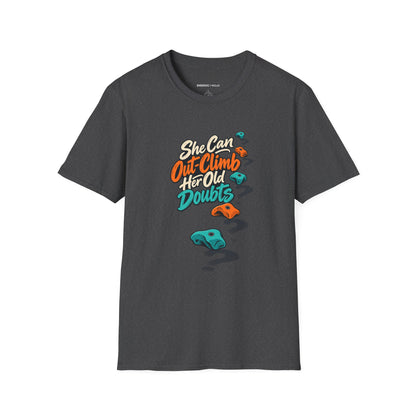 Graphic fitness T-shirt featuring the "She Can Out-Climb Her Old Doubts" design.