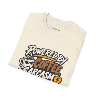 Graphic fitness T-shirt featuring the "Powered by Coffee, Sarcasm and Squats" design.