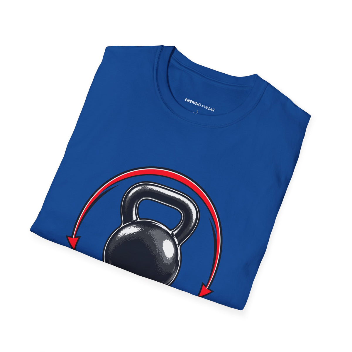 Graphic fitness T-shirt featuring the "Control the Swing Own the Bell" design.