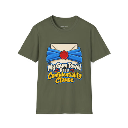 Graphic fitness T-shirt featuring the "My Gym Towel Has a Confidentiality Clause" design.