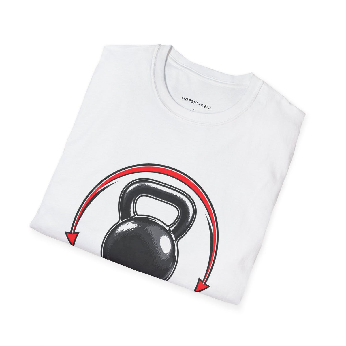 Graphic fitness T-shirt featuring the "Control the Swing Own the Bell" design.