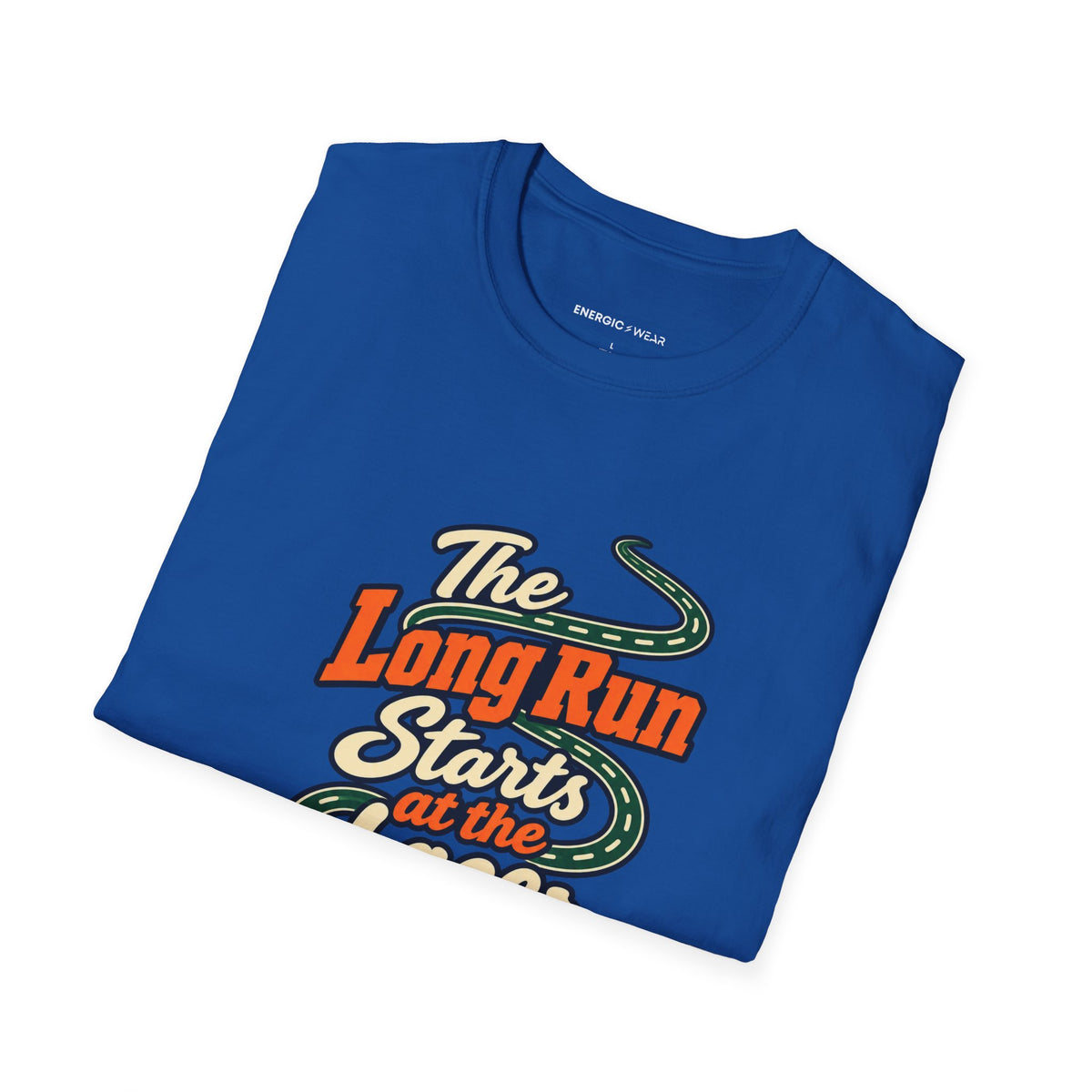 Graphic fitness T-shirt featuring the "The Long Run Starts at the Laces" design.