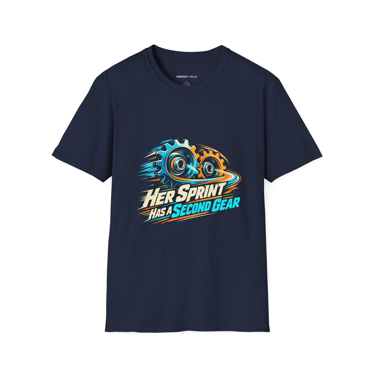 Graphic fitness T-shirt featuring the "Her Sprint Has a Second Gear" design.