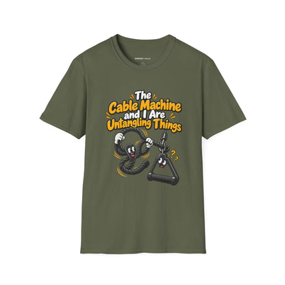 Graphic fitness T-shirt featuring the "The Cable Machine and I Are Untangling Things" design.
