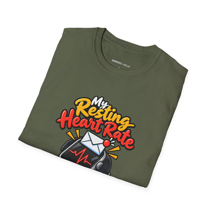 Graphic fitness T-shirt featuring the "My Resting Heart Rate Has a Work Email" design.