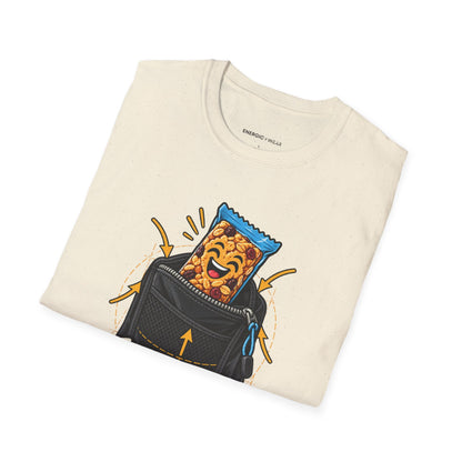 Graphic fitness T-shirt featuring the "The Snack Pocket Is Essential Equipment" design.