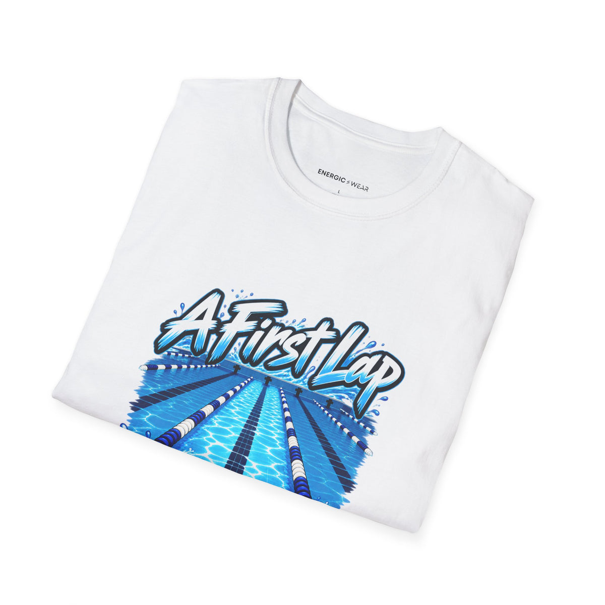 Graphic fitness T-shirt featuring the "A First Lap Is a Real Lap" design.