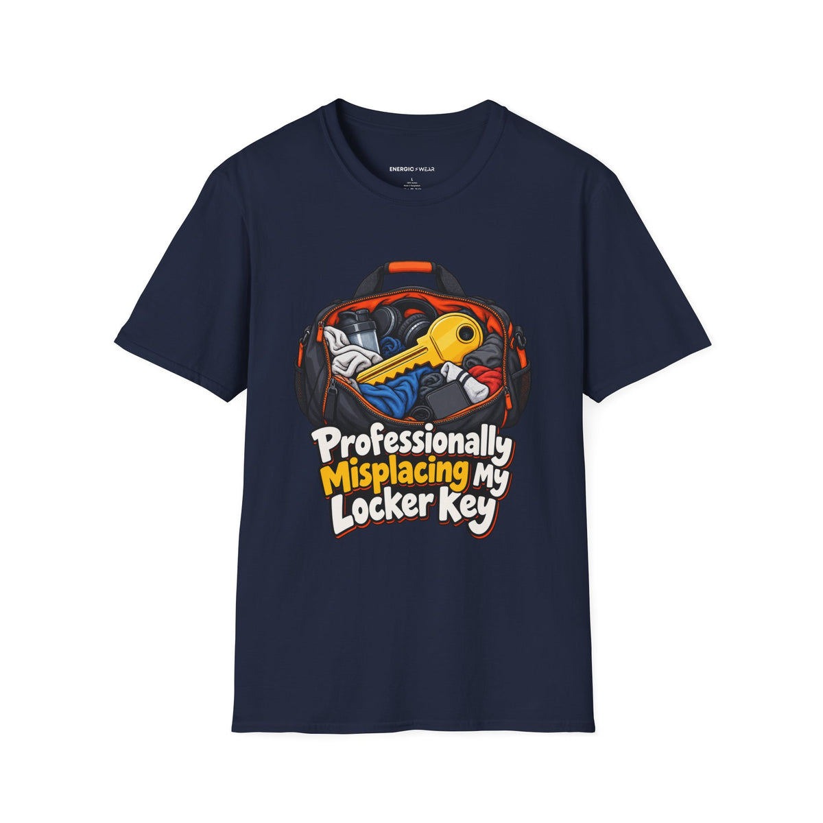 Graphic fitness T-shirt featuring the "Professionally Misplacing My Locker Key" design.