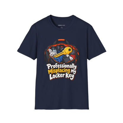 Graphic fitness T-shirt featuring the "Professionally Misplacing My Locker Key" design.