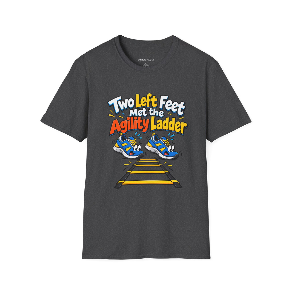 Graphic fitness T-shirt featuring the "Two Left Feet Met the Agility Ladder" design.