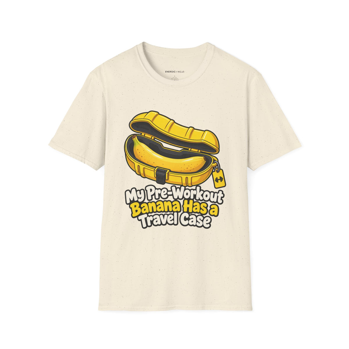Graphic fitness T-shirt featuring the "My Pre-Workout Banana Has a Travel Case" design.