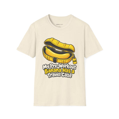 Graphic fitness T-shirt featuring the "My Pre-Workout Banana Has a Travel Case" design.