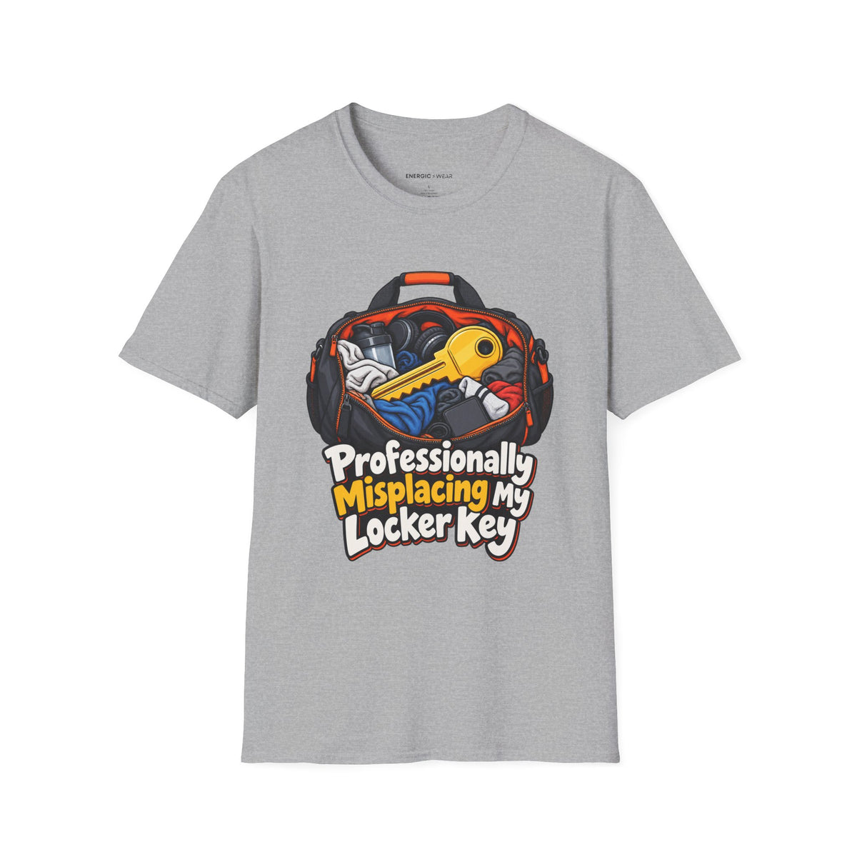Graphic fitness T-shirt featuring the "Professionally Misplacing My Locker Key" design.