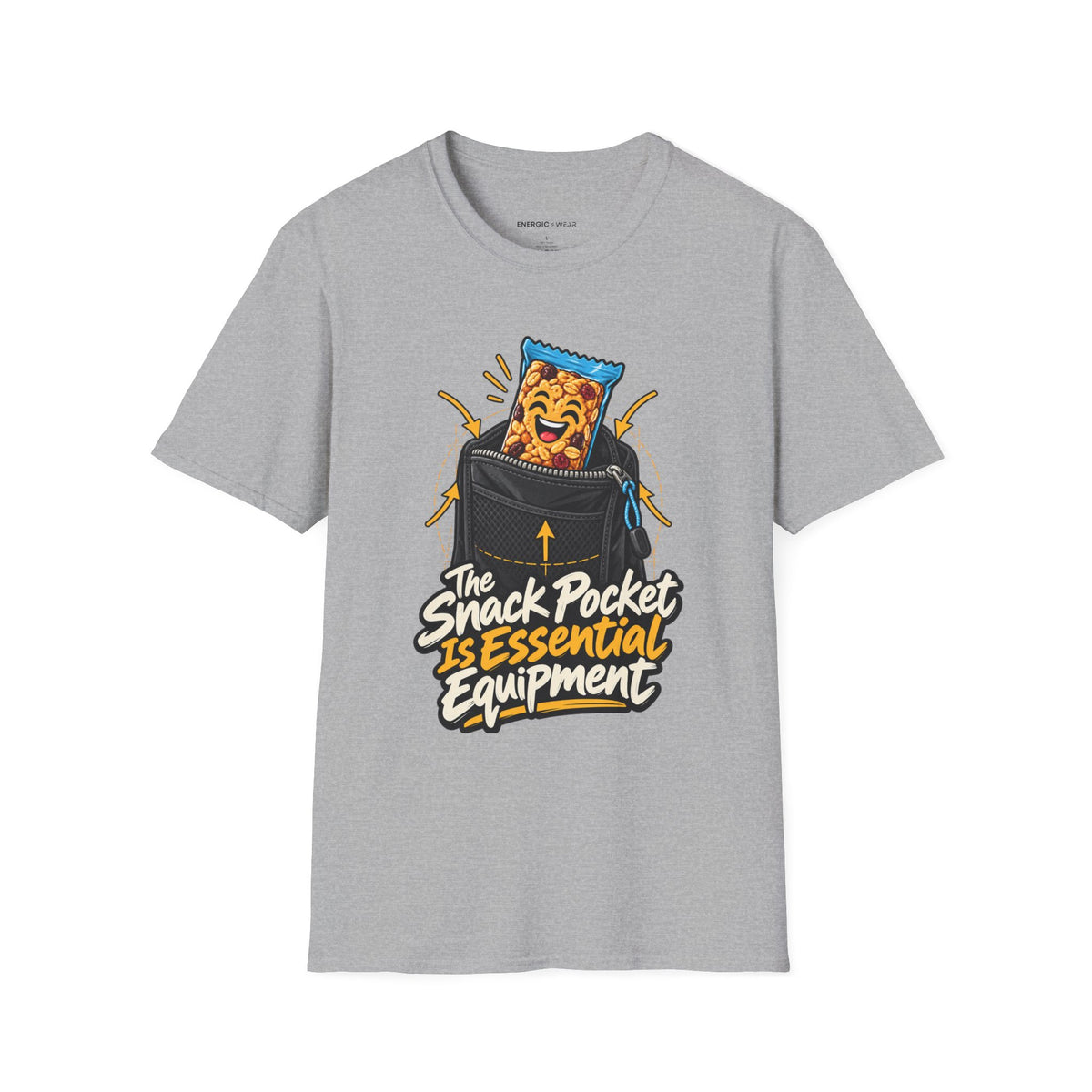 Graphic fitness T-shirt featuring the "The Snack Pocket Is Essential Equipment" design.