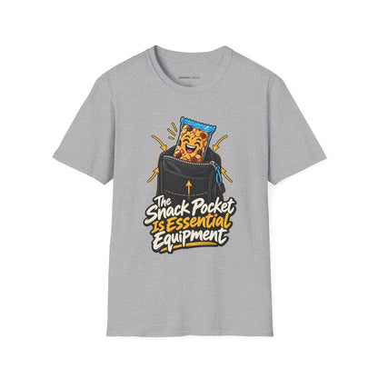 Graphic fitness T-shirt featuring the "The Snack Pocket Is Essential Equipment" design.