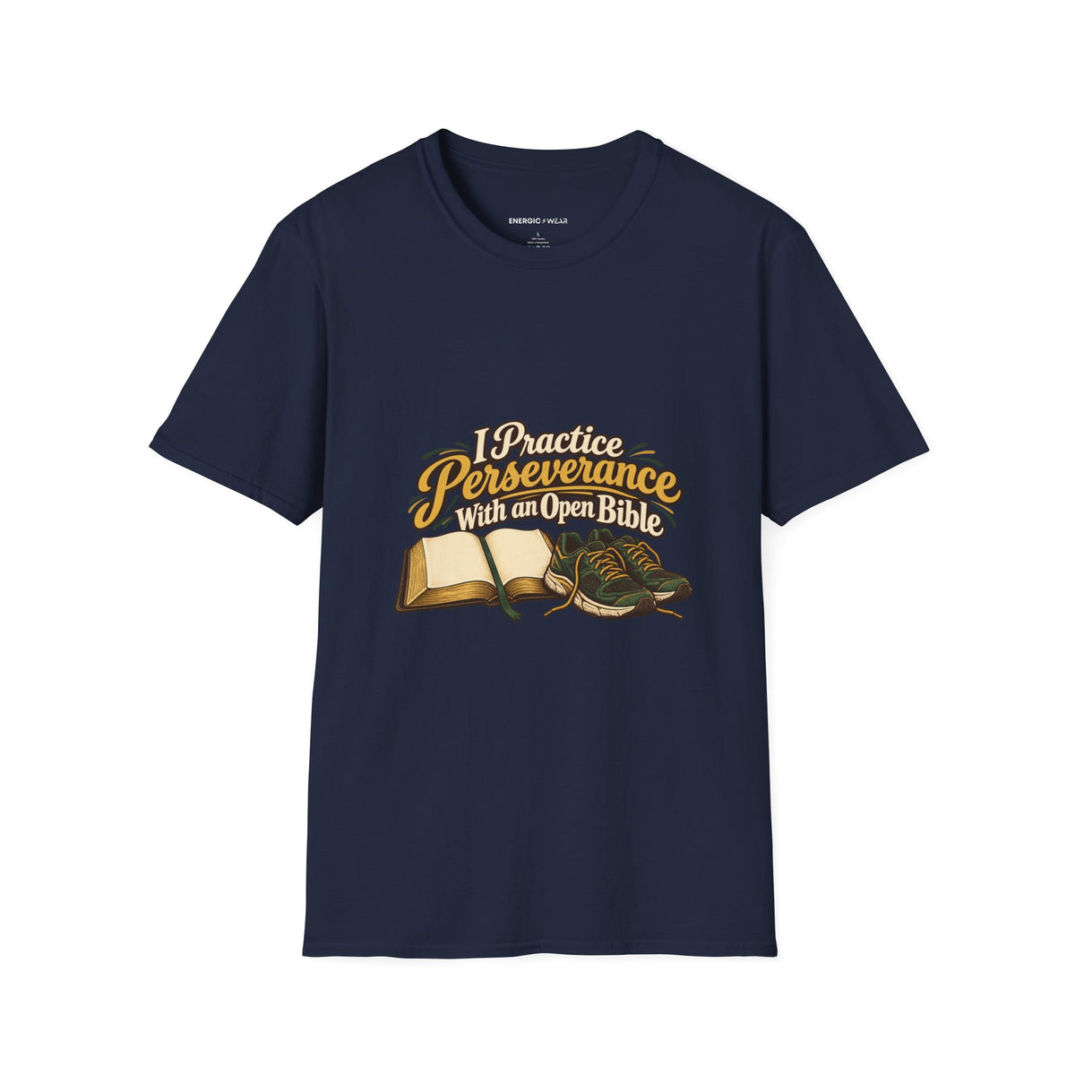Graphic fitness T-shirt featuring the "I Practice Perseverance with an Open Bible" design.