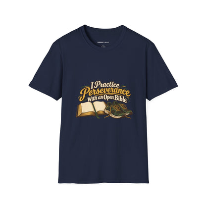 Graphic fitness T-shirt featuring the "I Practice Perseverance with an Open Bible" design.
