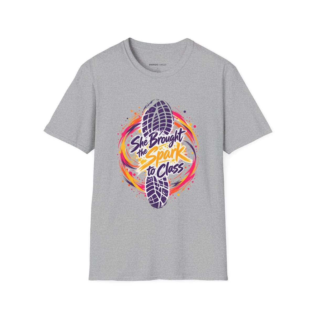 Graphic fitness T-shirt featuring the "She Brought the Spark to Class" design.