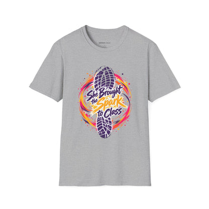 Graphic fitness T-shirt featuring the "She Brought the Spark to Class" design.