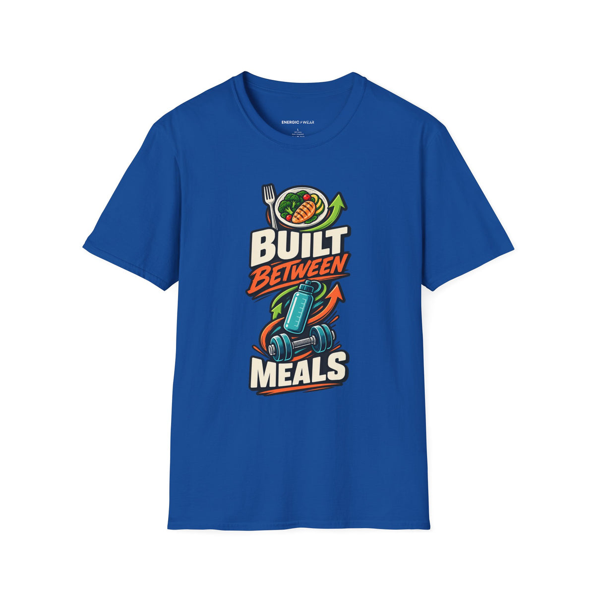 Graphic fitness T-shirt featuring the "Built Between Meals" design.