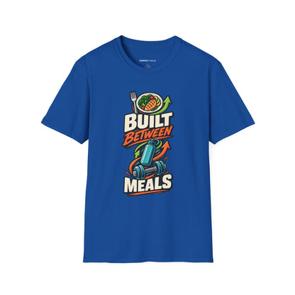Graphic fitness T-shirt featuring the "Built Between Meals" design.