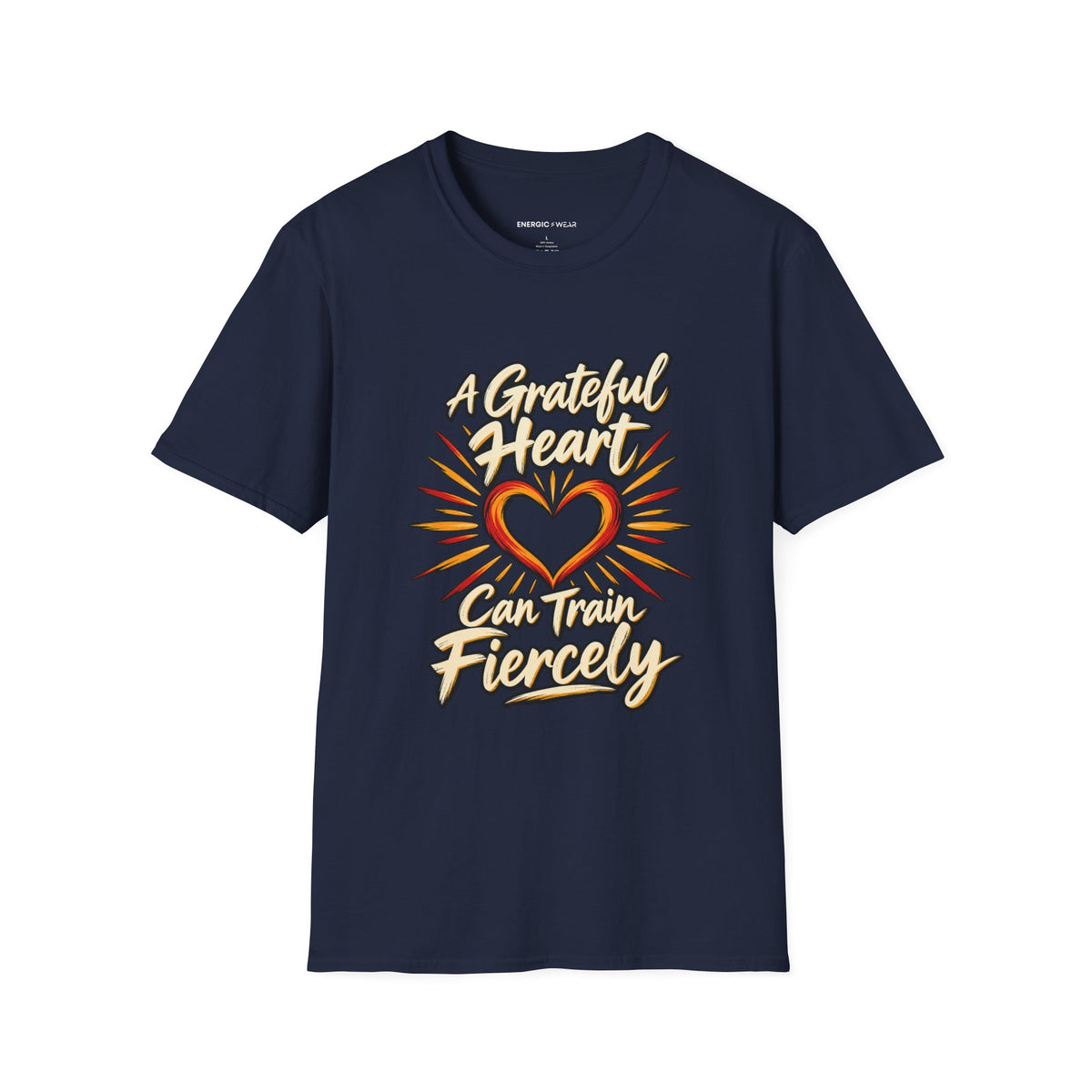 Graphic fitness T-shirt featuring the "A Grateful Heart Can Train Fiercely" design.