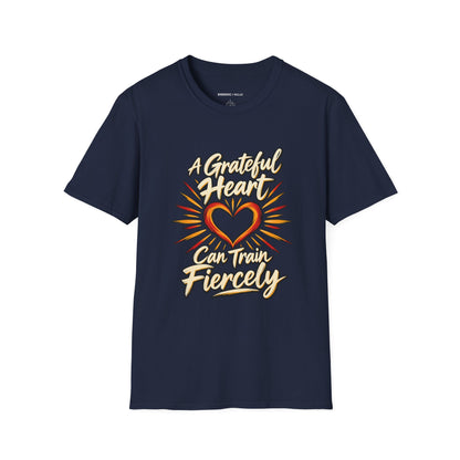 Graphic fitness T-shirt featuring the "A Grateful Heart Can Train Fiercely" design.