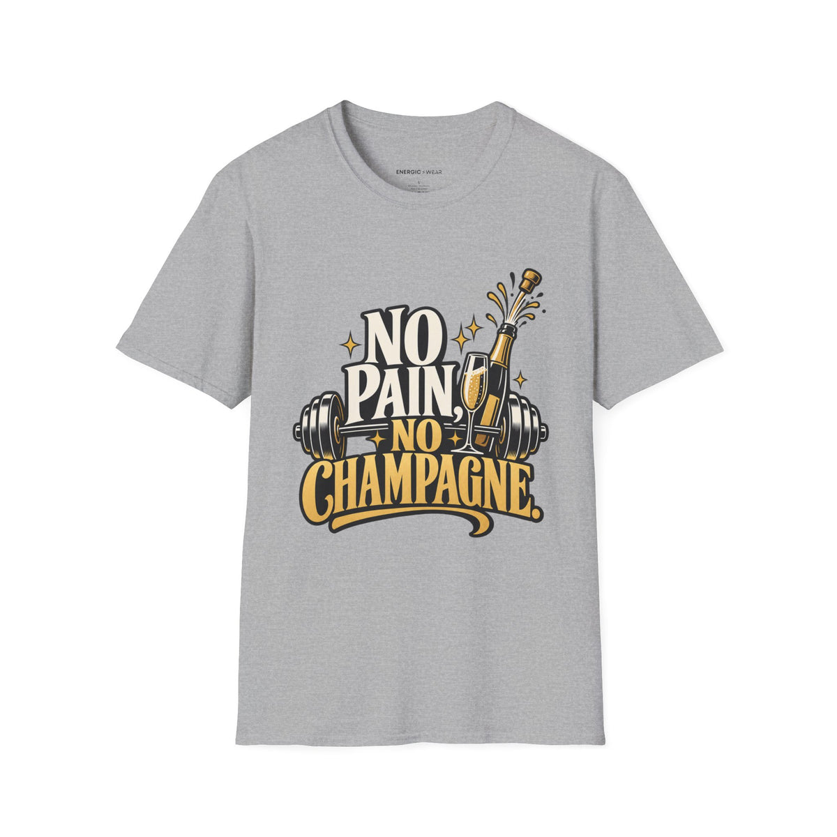 Graphic fitness T-shirt featuring the "No Pain, No Champagne" design.