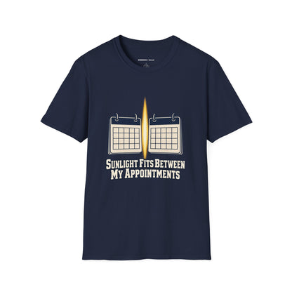 Graphic fitness T-shirt featuring the "Sunlight Fits Between My Appointments" design.