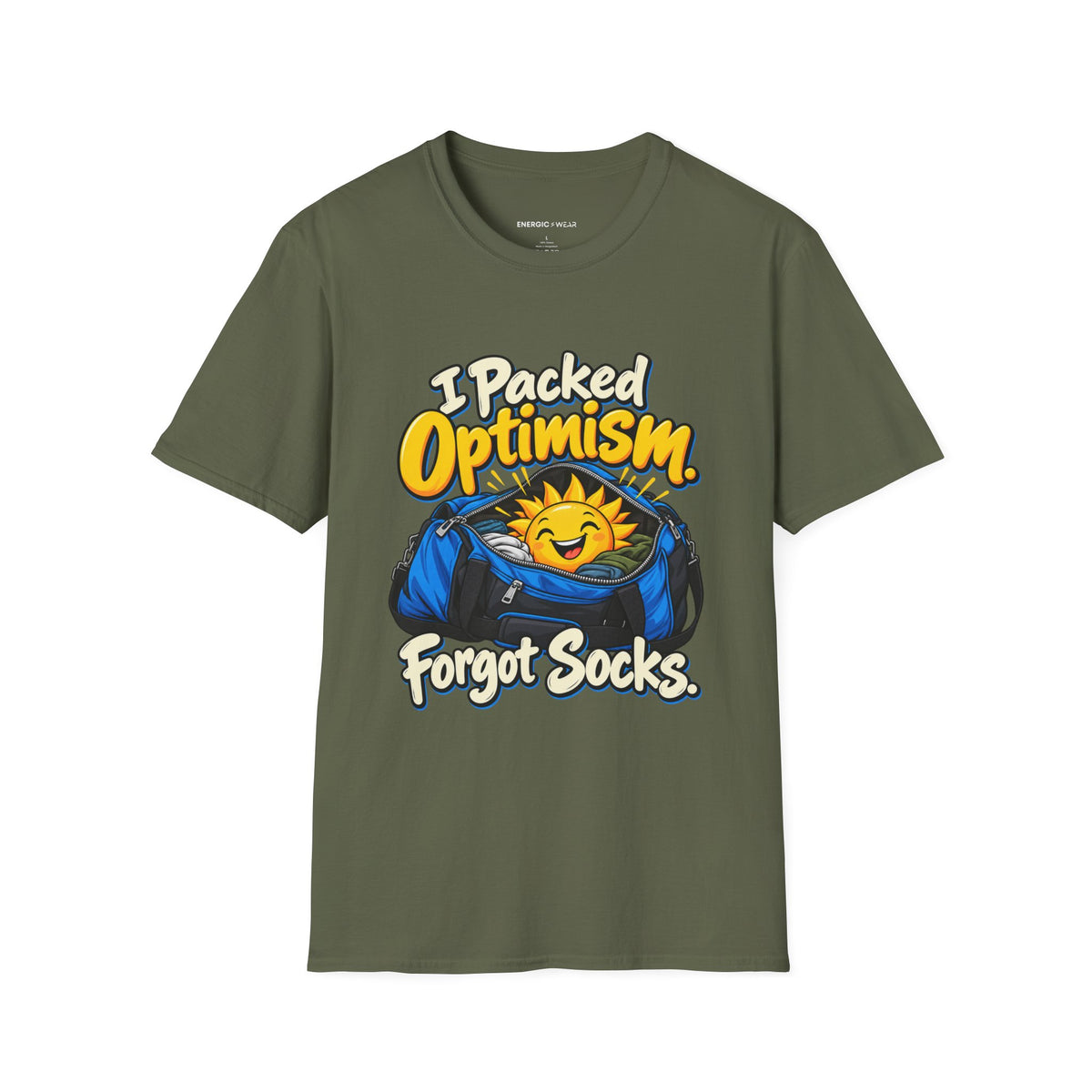 Graphic fitness T-shirt featuring the "I Packed Optimism Forgot Socks" design.