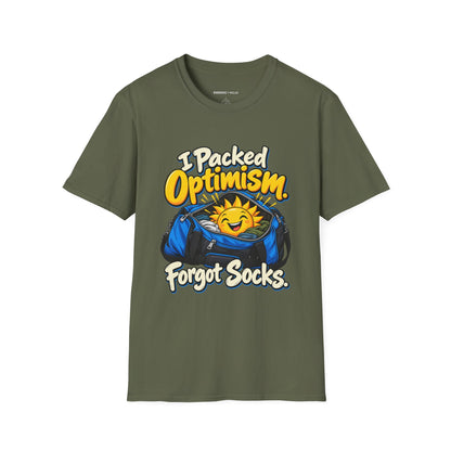 Graphic fitness T-shirt featuring the "I Packed Optimism Forgot Socks" design.