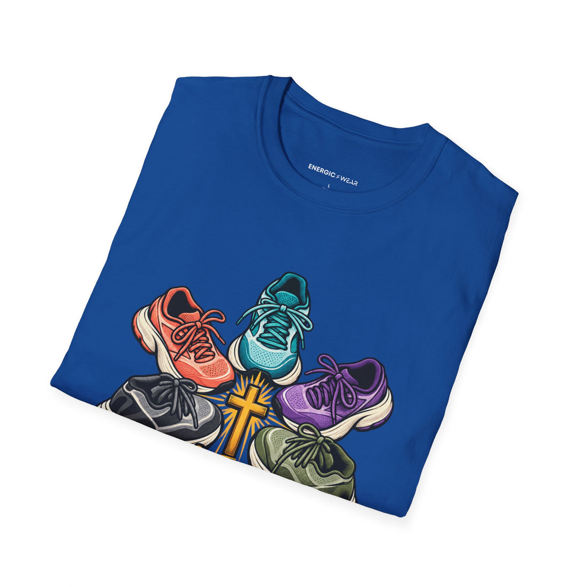 Graphic fitness T-shirt featuring the "Faith Is in My Team Huddle" design.