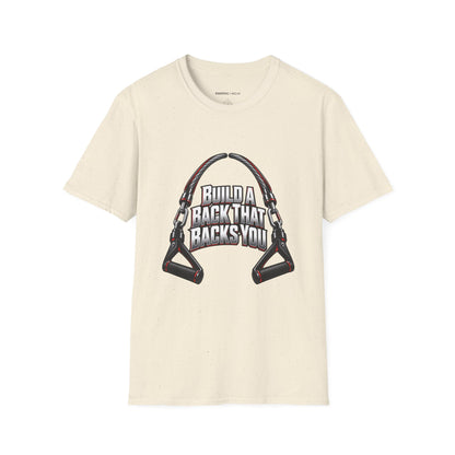 Graphic fitness T-shirt featuring the "Build a Back That Backs You" design.