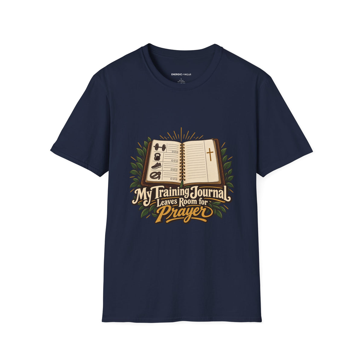 Graphic fitness T-shirt featuring the "My Training Journal Leaves Room for Prayer" design.