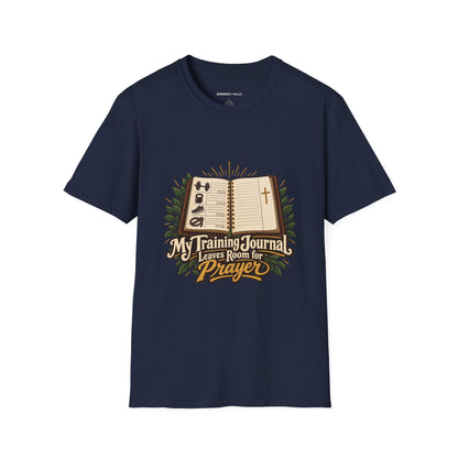 Graphic fitness T-shirt featuring the "My Training Journal Leaves Room for Prayer" design.
