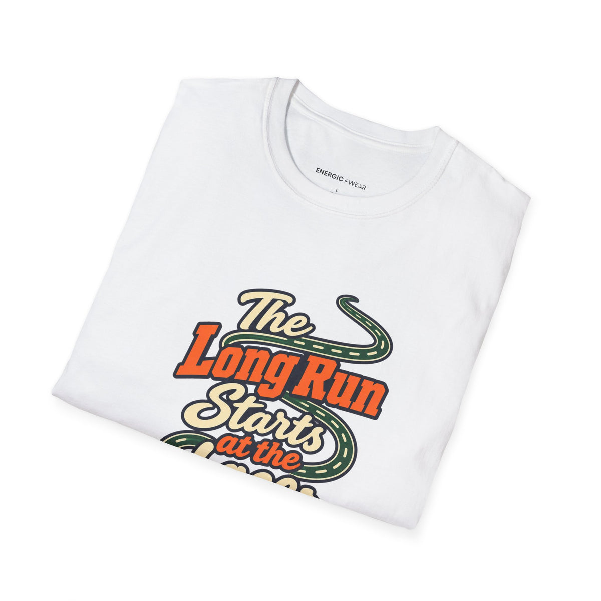 Graphic fitness T-shirt featuring the "The Long Run Starts at the Laces" design.