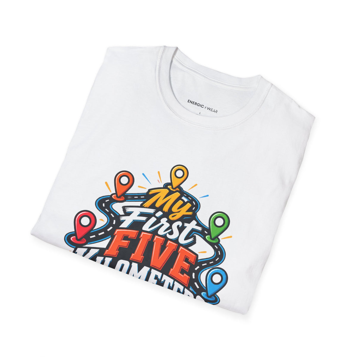 Graphic fitness T-shirt featuring the "My First Five Kilometers Are Personal" design.