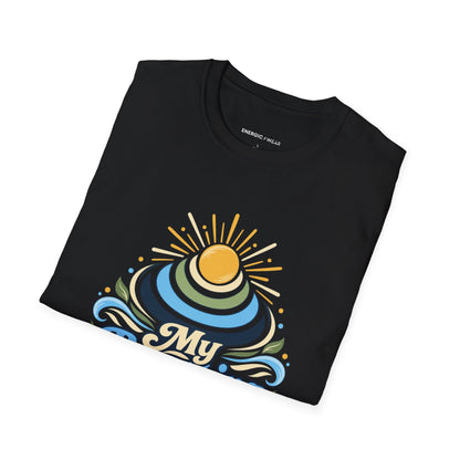 Graphic fitness T-shirt featuring the "My Breathing Sets the Tempo" design.