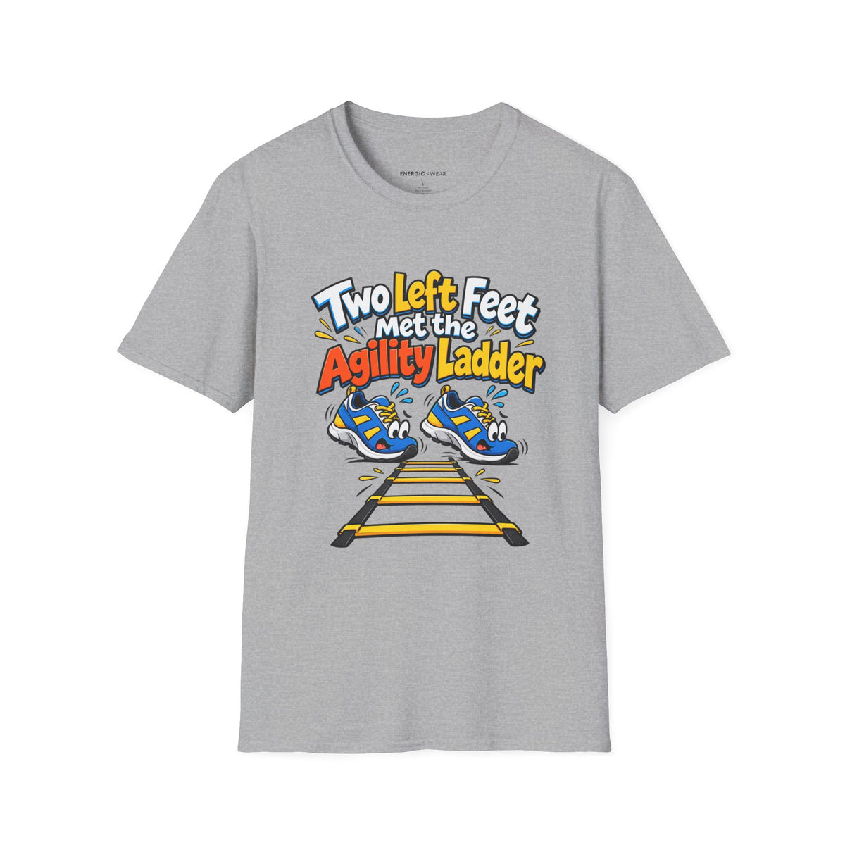 Graphic fitness T-shirt featuring the "Two Left Feet Met the Agility Ladder" design.