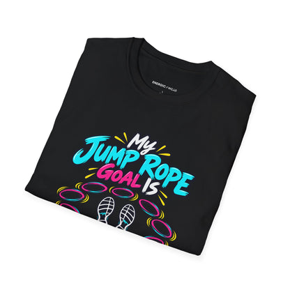 Graphic fitness T-shirt featuring the "My Jump Rope Goal Is Ten Unbroken Turns" design.
