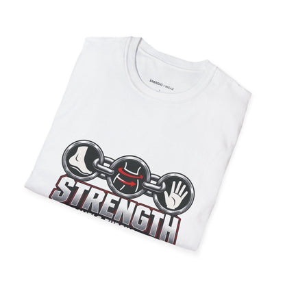 Graphic fitness T-shirt featuring the "Strength Travels Through the Whole Chain" design.