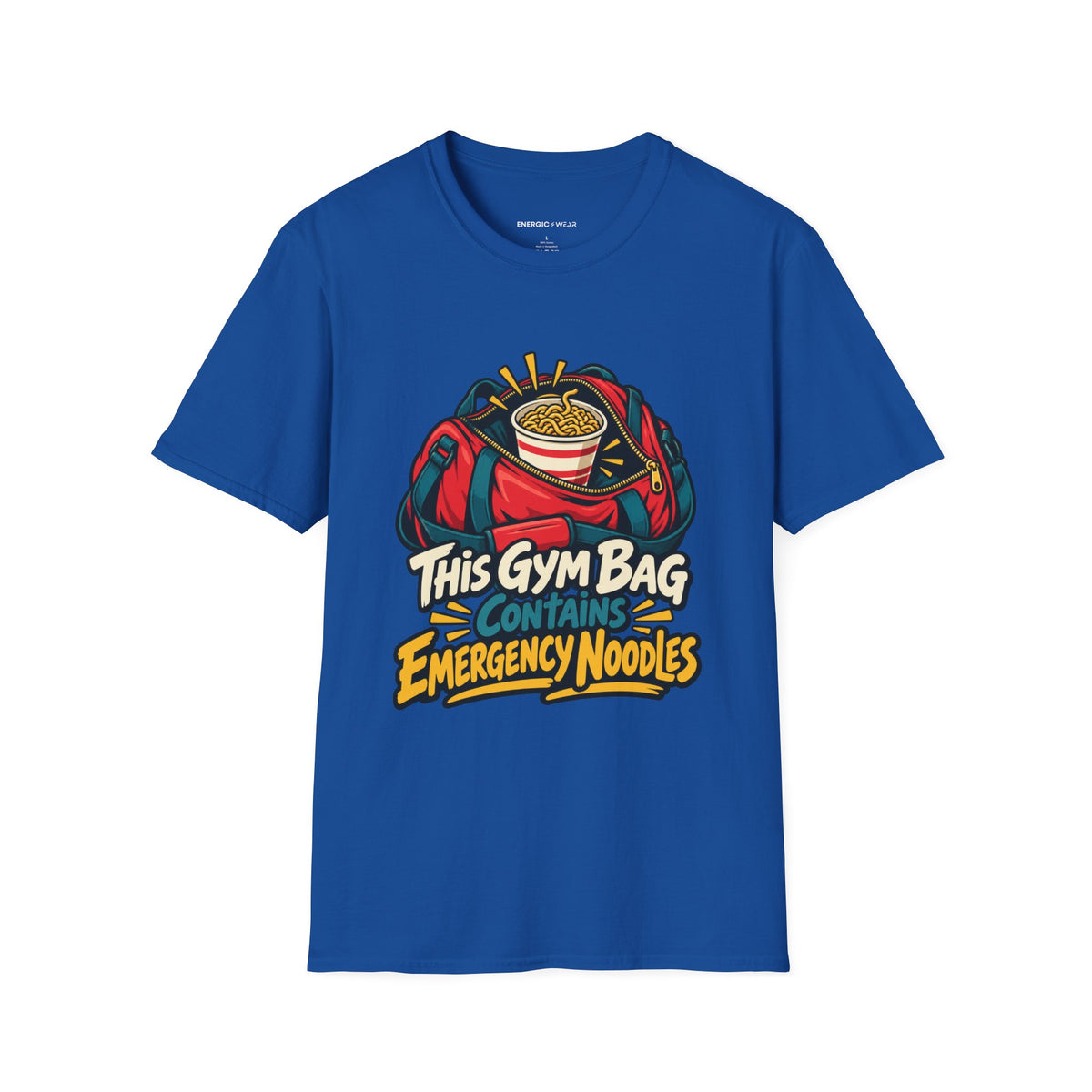 Graphic fitness T-shirt featuring the "This Gym Bag Contains Emergency Noodles" design.
