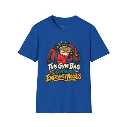 Graphic fitness T-shirt featuring the "This Gym Bag Contains Emergency Noodles" design.