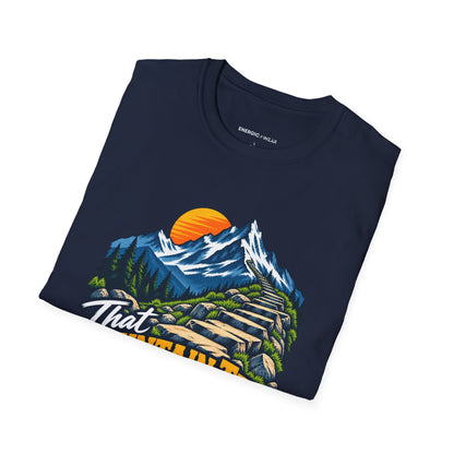 Graphic fitness T-shirt featuring the "That Mountain Trip Has My Training Attention" design.